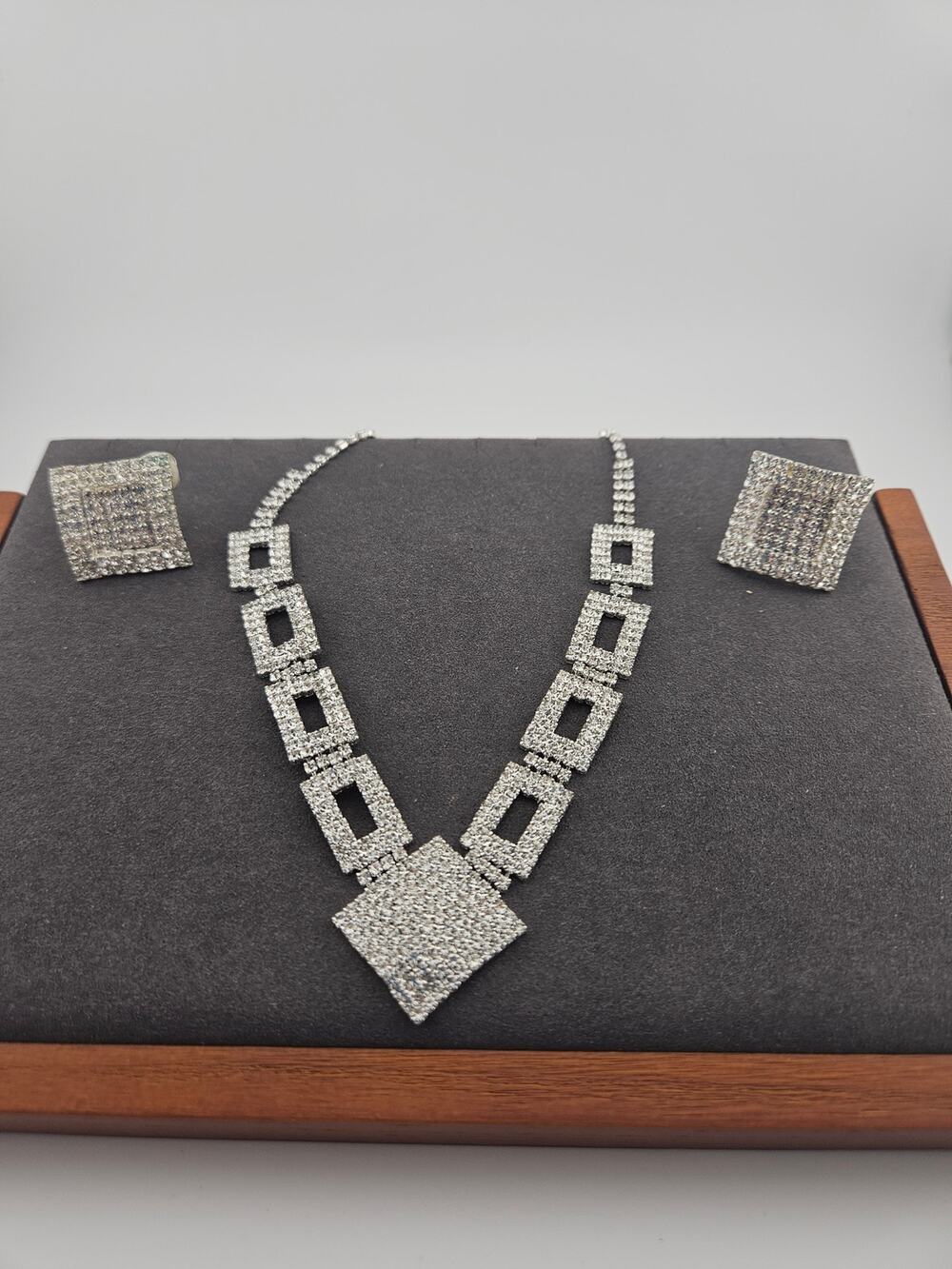 Silver Tone Crystal Statement Necklace Earring Set Crystal Glam Prom Gala Event